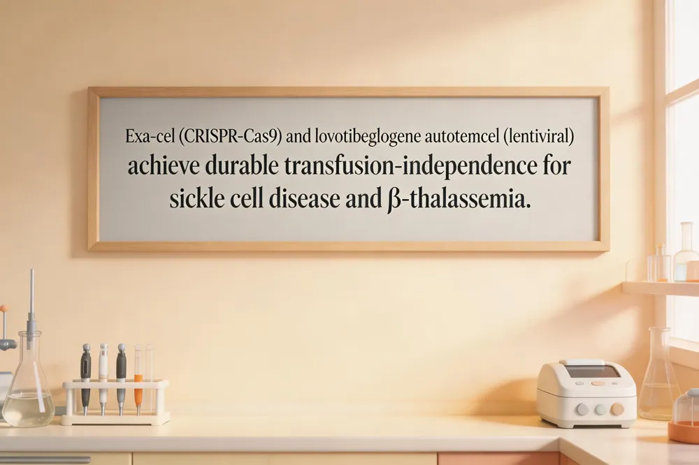 Exa‑cel (CRISPR‑Cas9) and lovotibeglogene autotemcel (lentiviral) achieve durable transfusion‑independence for sickle cell disease and β‑thalassemia.