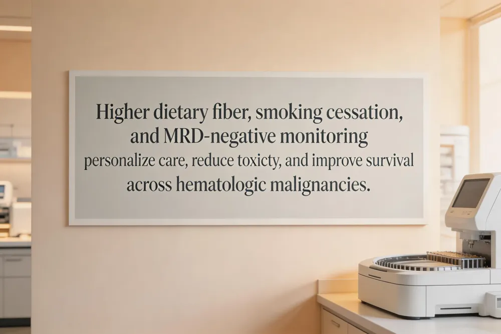 Higher dietary fiber, smoking cessation, and MRD‑negative monitoring personalize care, reduce toxicity, and improve survival across hematologic malignancies.