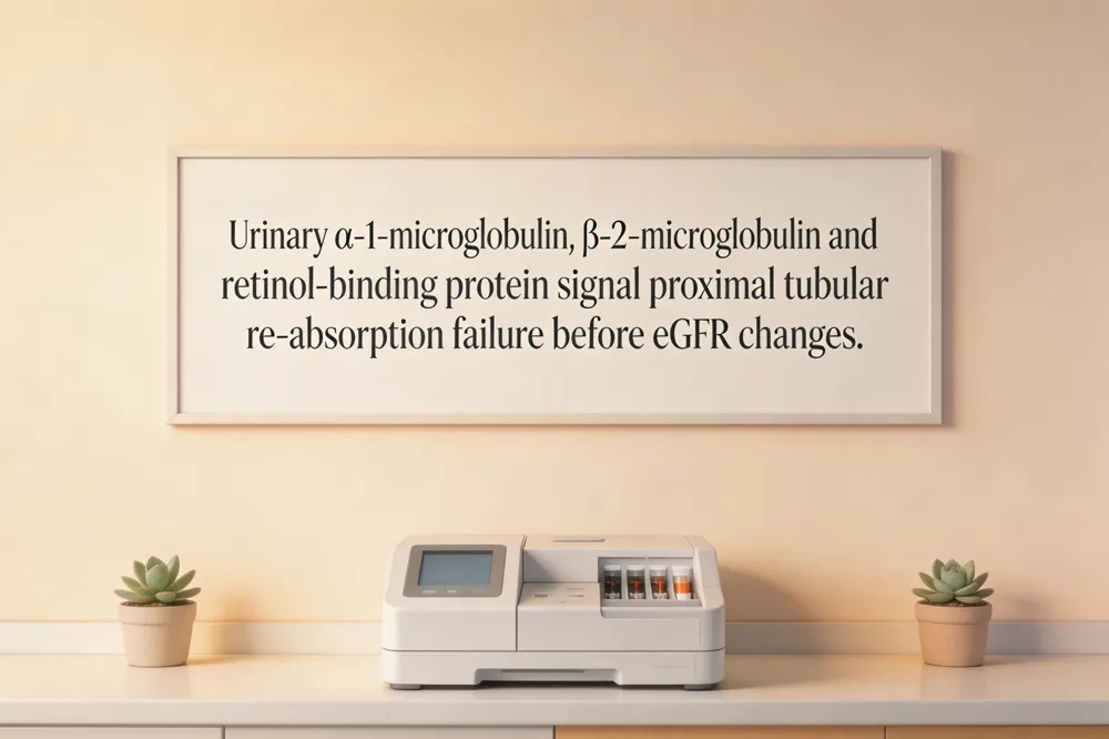 Urinary α‑1‑microglobulin, β‑2‑microglobulin and retinol‑binding protein signal proximal tubular re‑absorption failure before eGFR changes.