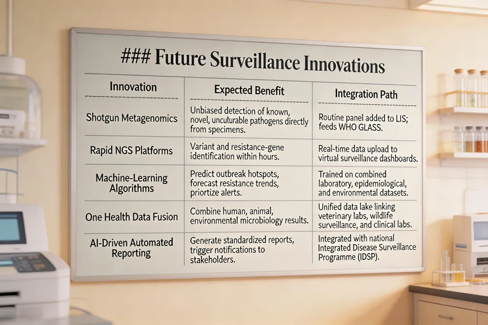 ### Future Surveillance Innovations
| Innovation |
Expected Benefit |
Integration Path |
| Shotgun Metagenomics |
Unbiased detection of known, novel, unculturable pathogens directly from specimens. |
Routine panel added to LIS; feeds WHO GLASS. |
| Rapid NGS Platforms |
Variant and resistance‑gene identification within hours. |
Real‑time data upload to virtual surveillance dashboards. |
| Machine‑Learning Algorithms |
Predict outbreak hotspots, forecast resistance trends, prioritize alerts. |
Trained on combined laboratory, epidemiological, and environmental datasets. |
| One Health Data Fusion |
Combine human, animal, environmental microbiology results. |
Unified data lake linking veterinary labs, wildlife surveillance, and clinical labs. |
| AI‑Driven Automated Reporting |
Generate standardized reports, trigger notifications to stakeholders. |
Integrated with national Integrated Disease Surveillance Programme (IDSP). |
