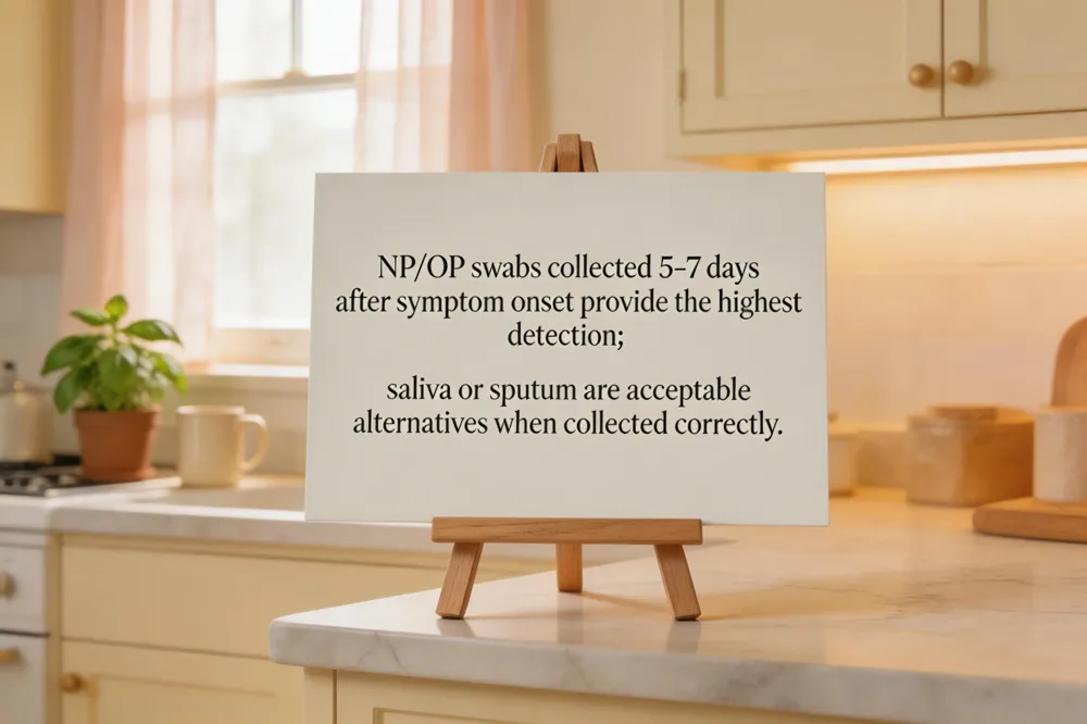 NP/OP swabs collected 5‑7 days after symptom onset provide the highest detection; saliva or sputum are acceptable alternatives when collected correctly.