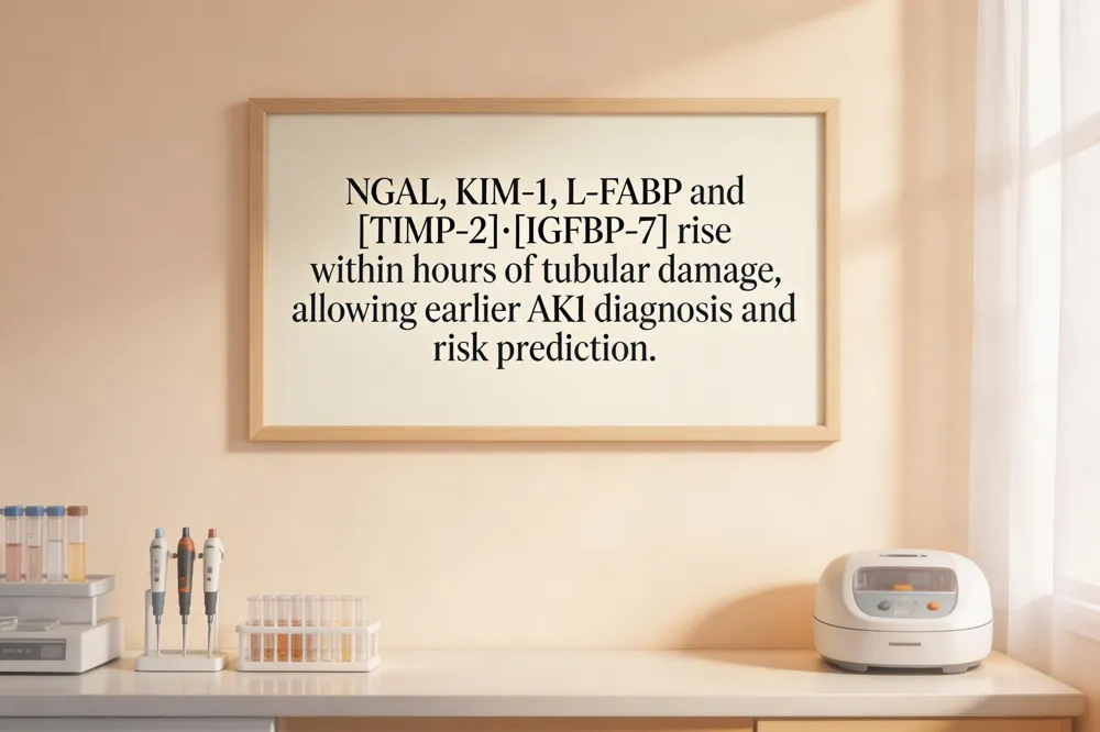 NGAL, KIM‑1, L‑FABP and [TIMP‑2]·[IGFBP‑7] rise within hours of tubular damage, allowing earlier AKI diagnosis and risk prediction.