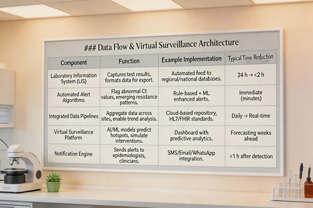 ### Data Flow & Virtual Surveillance Architecture
| Component |
Function |
Example Implementation |
Typical Time Reduction |
| Laboratory Information System (LIS) |
Captures test results, formats data for export. |
Automated feed to regional/national databases. |
24 h → <2 h |
| Automated Alert Algorithms |
Flag abnormal Ct values, emerging resistance patterns. |
Rule‑based + ML‑enhanced alerts. |
Immediate (minutes) |
| Integrated Data Pipelines |
Aggregate data across sites, enable trend analysis. |
Cloud‑based repository, HL7/FHIR standards. |
Daily → Real‑time |
| Virtual Surveillance Platform |
AI/ML models predict hotspots, simulate interventions. |
Dashboard with predictive analytics. |
Forecasting weeks ahead |
| Notification Engine |
Sends alerts to epidemiologists, clinicians. |
SMS/Email/WhatsApp integration. |
<1 h after detection |
