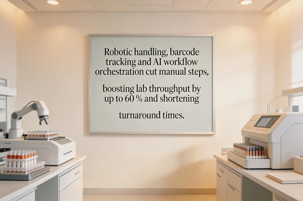 Robotic handling, barcode tracking and AI workflow orchestration cut manual steps, boosting lab throughput by up to 60 % and shortening turnaround times.