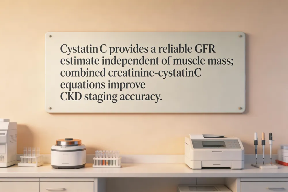Cystatin C provides a reliable GFR estimate independent of muscle mass; combined creatinine‑cystatin C equations improve CKD staging accuracy.