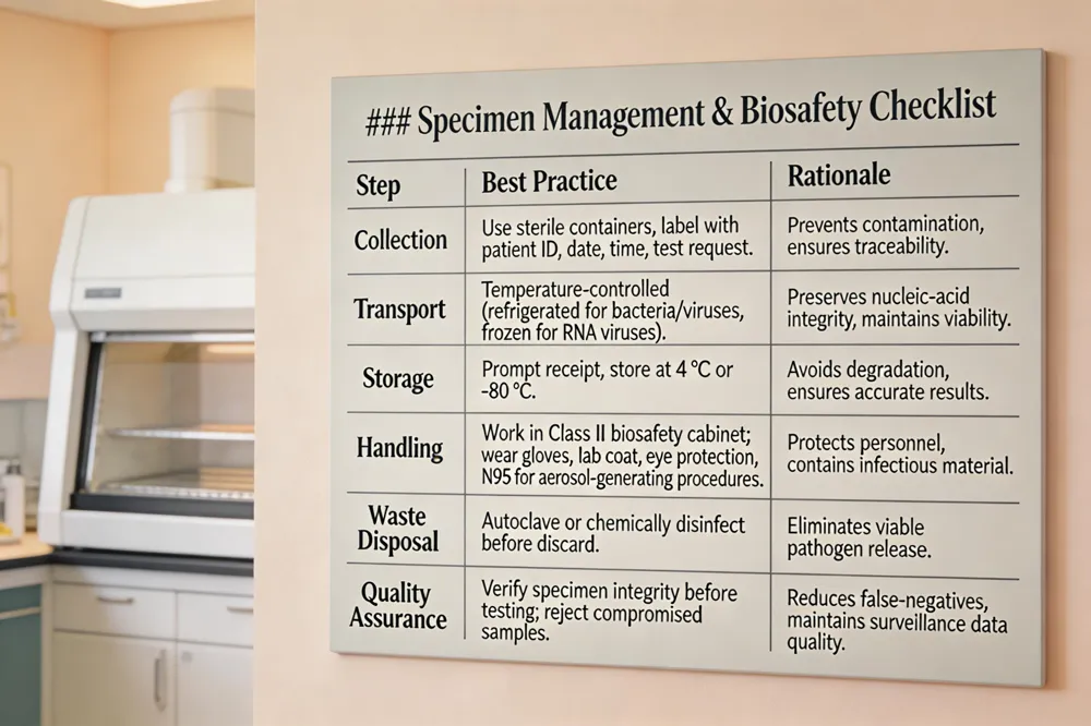 ### Specimen Management & Biosafety Checklist
| Step |
Best Practice |
Rationale |
| Collection |
Use sterile containers, label with patient ID, date, time, test request. |
Prevents contamination, ensures traceability. |
| Transport |
Temperature‑controlled (refrigerated for bacteria/viruses, frozen for RNA viruses). |
Preserves nucleic‑acid integrity, maintains viability. |
| Storage |
Prompt receipt, store at recommended temperature (4 °C or -80 °C). |
Avoids degradation, ensures accurate results. |
| Handling |
Work in Class II biosafety cabinet; wear gloves, lab coat, eye protection, N95 for aerosol‑generating procedures. |
Protects personnel, contains infectious material. |
| Waste Disposal |
Autoclave or chemically disinfect before discard. |
Eliminates viable pathogen release. |
| Quality Assurance | Verify specimen integrity before testing; reject compromised samples. | Reduces false‑negatives, maintains surveillance data quality. |