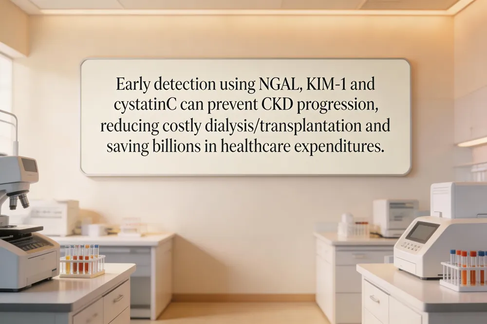 Early detection using NGAL, KIM‑1 and cystatin C can prevent CKD progression, reducing costly dialysis/transplantation and saving billions in healthcare expenditures.