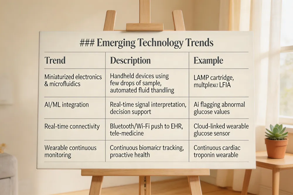 ### Emerging Technology Trends
| Trend |
Description |
Example |
| Miniaturized electronics & microfluidics |
Handheld devices using few drops of sample, automated fluid handling |
LAMP cartridge, multiplex LFIA |
| AI/ML integration |
Real‑time signal interpretation, decision support |
AI flagging abnormal glucose values |
| Real‑time connectivity |
Bluetooth/Wi‑Fi push to EHR, tele‑medicine |
Cloud‑linked wearable glucose sensor |
| Wearable continuous monitoring |
Continuous biomarker tracking, proactive health |
Continuous cardiac troponin wearable |
