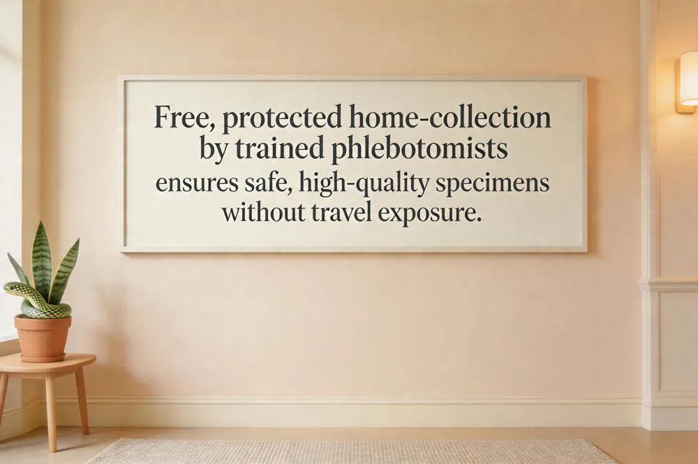 Free, protected home‑collection by trained phlebotomists ensures safe, high‑quality specimens without travel exposure.