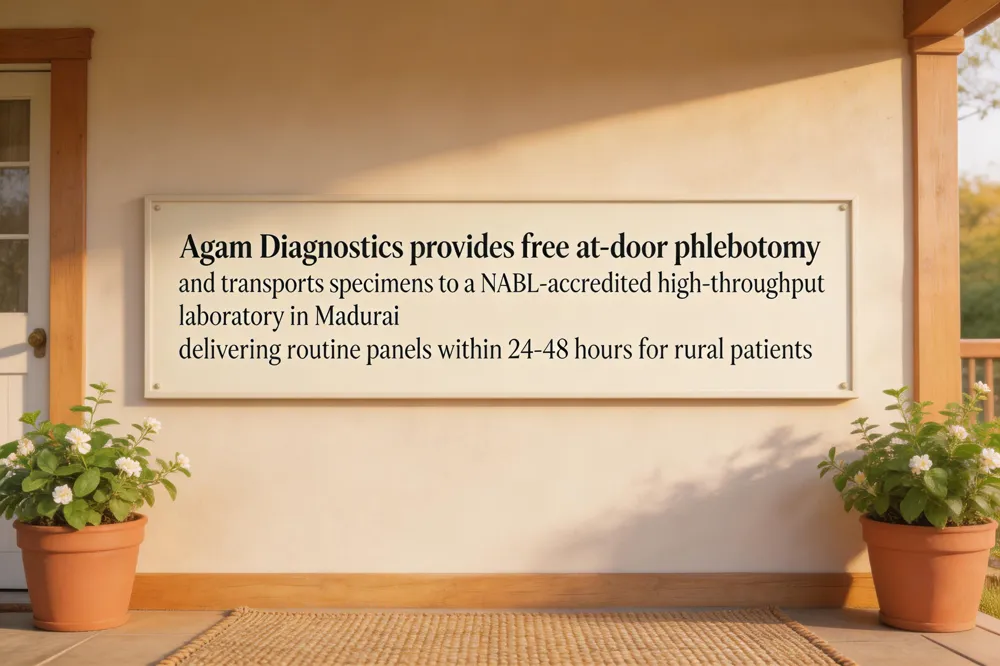 Agam Diagnostics provides free at‑door phlebotomy and transports specimens to a NABL‑accredited, high‑throughput laboratory in Madurai, delivering routine panels within 24‑48 hours for rural patients.