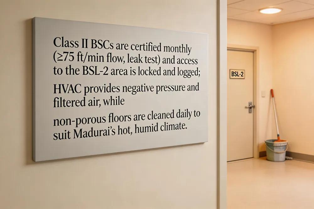 Class II BSCs are certified monthly (≥ 75 ft/min flow, leak test) and access to the BSL‑2 area is locked and logged; HVAC provides negative pressure and filtered air, while non‑porous floors are cleaned daily to suit Madurai’s hot, humid climate.
