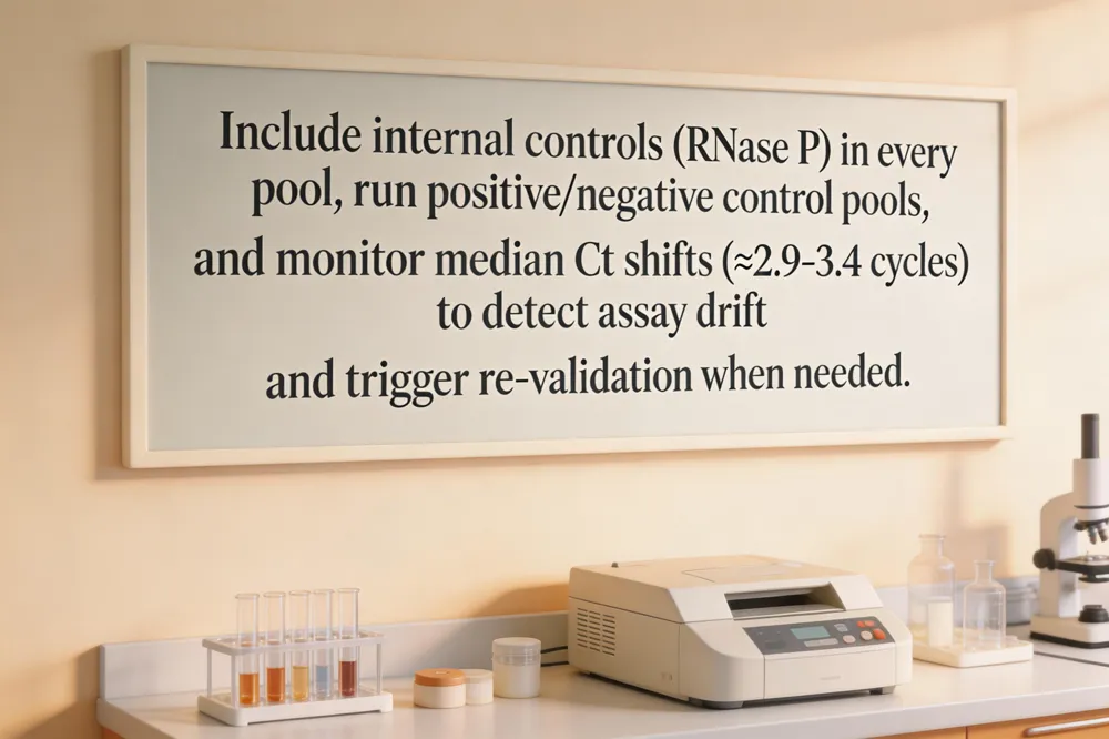 Include internal controls (RNase P) in every pool, run positive/negative control pools, and monitor median Ct shifts (≈2.9‑3.4 cycles) to detect assay drift and trigger re‑validation when needed.