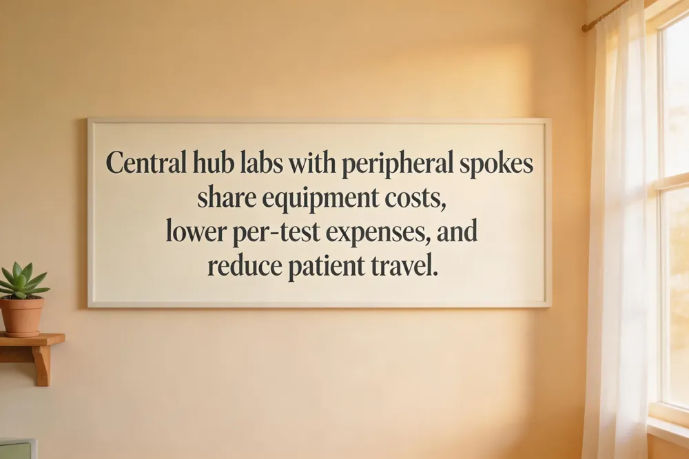 Central hub labs with peripheral spokes share equipment costs, lower per‑test expenses, and reduce patient travel.