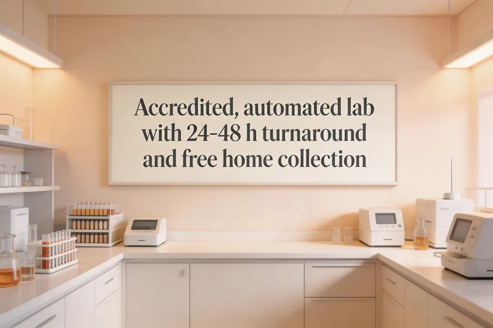 Accredited, automated lab with 24‑48 h turnaround and free home collection