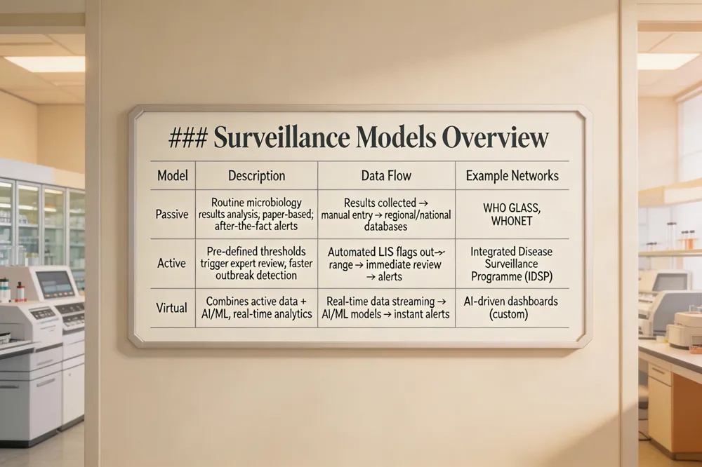 ### Surveillance Models Overview
| Model |
Description |
Data Flow |
Example Networks |
| Passive |
Routine analysis of all microbiology results; usually paper‑based; alerts generated after the fact. |
Results collected → manual entry → regional/national databases. |
WHO GLASS, WHONET |
| Active |
Pre‑defined thresholds trigger microbiologist/epidemiologist review; faster outbreak detection. |
Automated LIS flags out‑of‑range values → immediate review → alert generation. |
Integrated Disease Surveillance Programme (IDSP) |
| Virtual | Combines active data collection with advanced computing, mathematical models, real‑time analytics. | Real‑time data streaming → AI/ML models → instant alerts. | AI‑driven dashboards (custom) |
