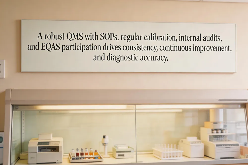 A robust QMS with SOPs, regular calibration, internal audits, and EQAS participation drives consistency, continuous improvement, and diagnostic accuracy.