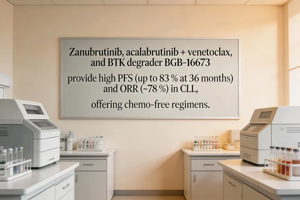Zanubrutinib, acalabrutinib + venetoclax, and BTK degrader BGB‑16673 provide high PFS (up to 83 % at 36 months) and ORR (~78 %) in CLL, offering chemo‑free regimens.