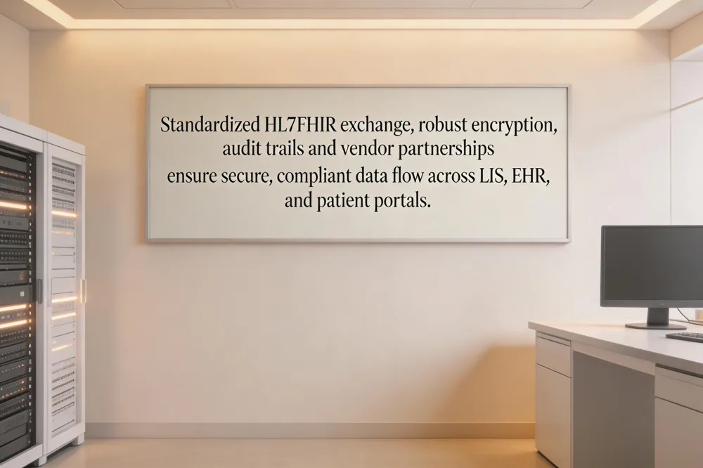 Standardized HL7 FHIR exchange, robust encryption, audit trails and vendor partnerships ensure secure, compliant data flow across LIS, EHR, and patient portals.
