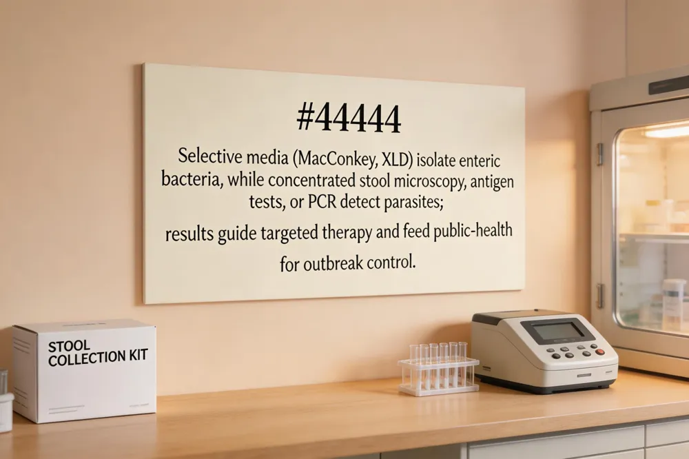 Selective media (MacConkey, XLD) isolate enteric bacteria, while concentrated stool microscopy, antigen tests, or PCR detect parasites; results guide targeted therapy and feed public‑health surveillance for outbreak control.