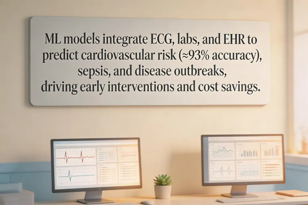 ML models integrate ECG, labs, and EHR to predict cardiovascular risk (≈93% accuracy), sepsis, and disease outbreaks, driving early interventions and cost savings.