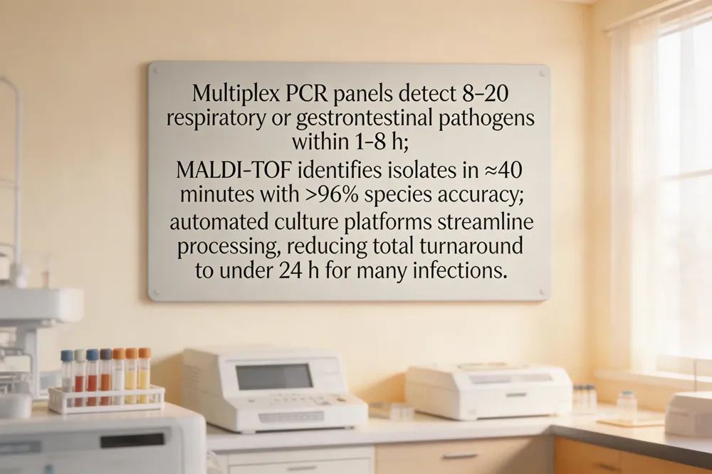 Multiplex PCR panels detect 8‑20 respiratory or gastrointestinal pathogens within 1‑8 h; MALDI‑TOF identifies isolates in ≈40 minutes with >96 % species accuracy; automated culture platforms streamline processing, reducing total turnaround to under 24 h for many infections.