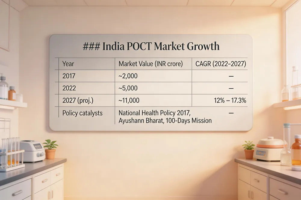 ### India POCT Market Growth
| Year |
Market Value (INR crore) |
CAGR (2022‑2027) |
| 2017 |
~2,000 |
– |
| 2022 |
~5,000 |
– |
| 2027 (proj.) |
~11,000 |
12 % – 17.3 % |
| Policy catalysts |
National Health Policy 2017, Ayushman Bharat, 100‑Days Mission |
– |
