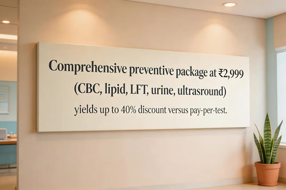 Comprehensive preventive package at ₹2,999 (CBC, lipid, LFT, urine, ultrasound) yields up to 40 % discount versus pay‑per‑test.