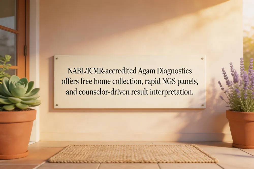 NABL/ICMR‑accredited Agam Diagnostics offers free home collection, rapid NGS panels, and counselor‑driven result interpretation.