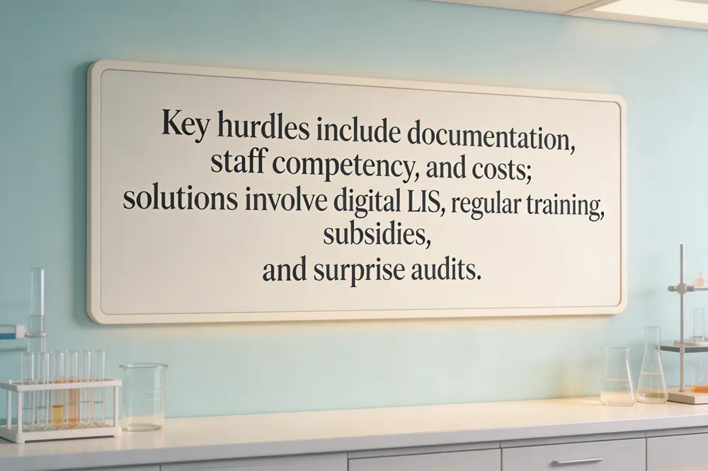 Key hurdles include documentation, staff competency, and costs; solutions involve digital LIS, regular training, subsidies, and surprise audits.
