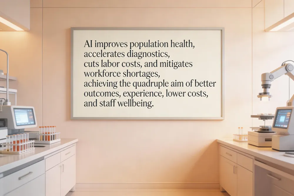 AI improves population health, accelerates diagnostics, cuts labor costs, and mitigates workforce shortages, achieving the quadruple aim of better outcomes, experience, lower costs, and staff wellbeing.