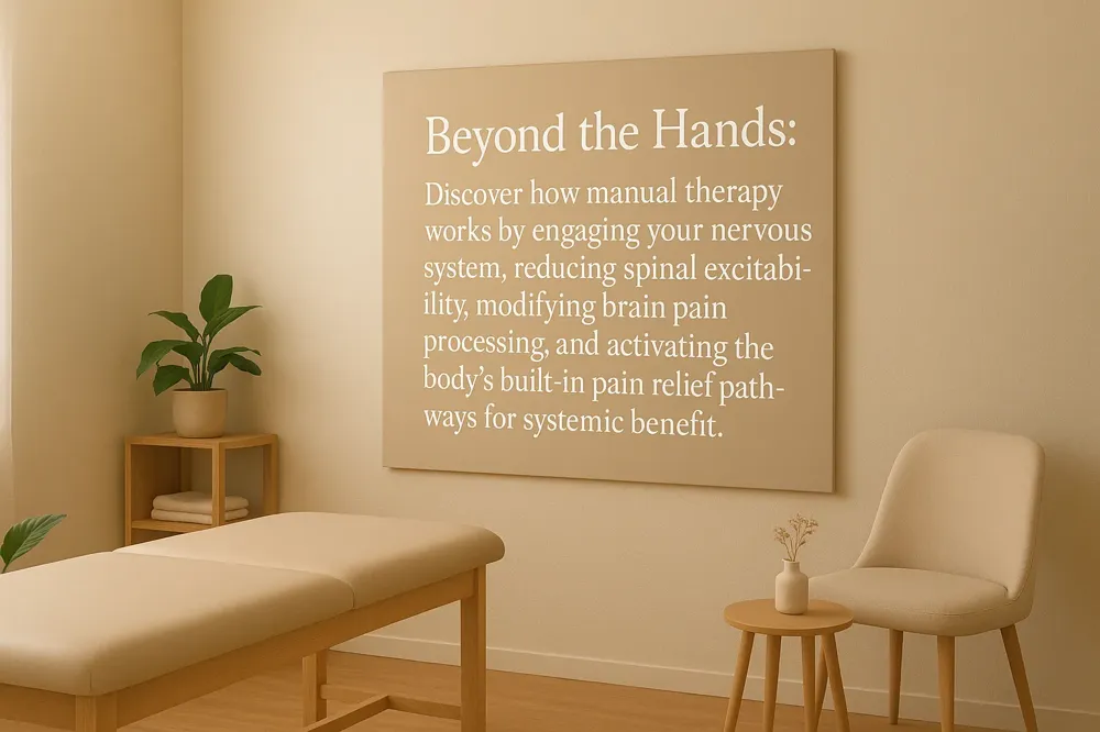 Beyond the Hands: Discover how manual therapy works by engaging your nervous system, reducing spinal excitability, modifying brain pain processing, and activating the body's built-in pain relief pathways for systemic benefit.