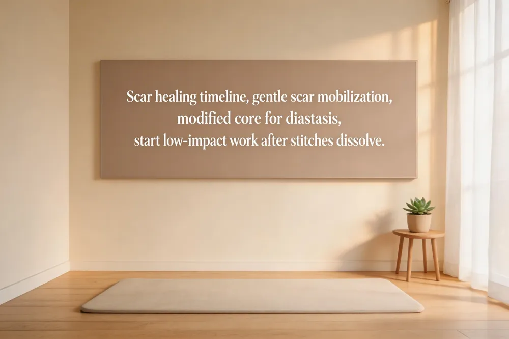 Scar healing timeline, gentle scar mobilization, modified core for diastasis, start low‑impact work after stitches dissolve.