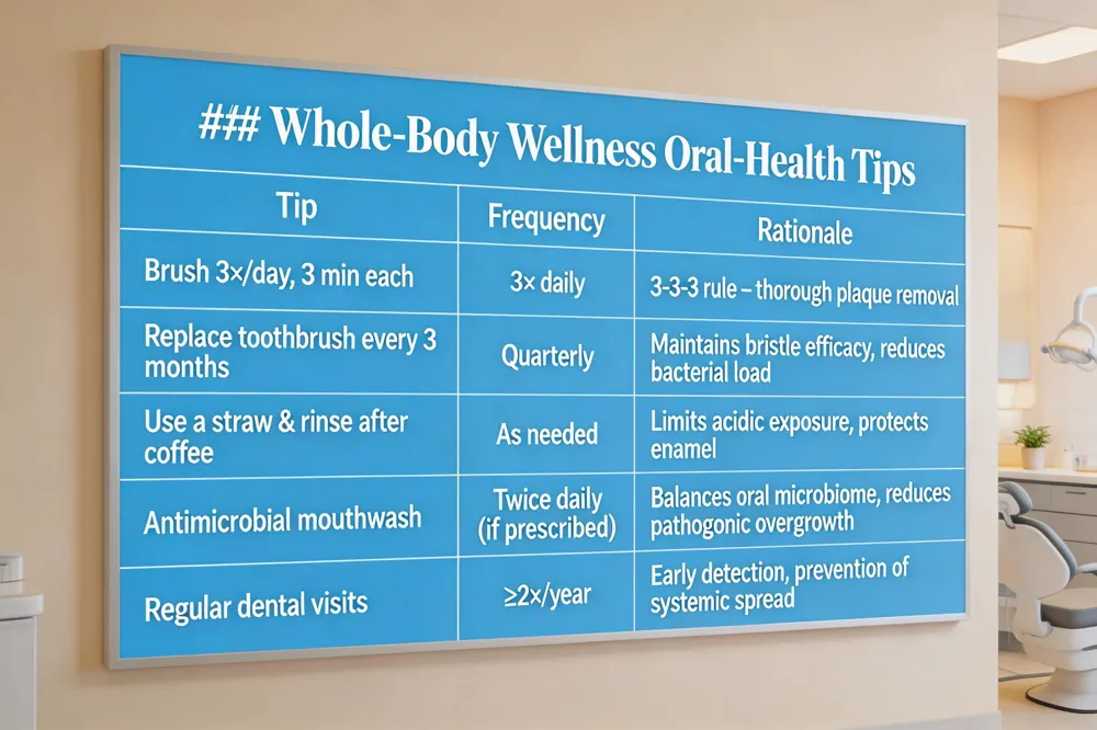 ### Whole‑Body Wellness Oral‑Health Tips
| Tip | Frequency | Rationale |
|---|---|---|
| Brush 3×/day, 3 min each | 3× daily | 3‑3‑3 rule – thorough plaque removal |
| Replace toothbrush every 3 months | Quarterly | Maintains bristle efficacy, reduces bacterial load |
| Use a straw & rinse after coffee | As needed | Limits acidic exposure, protects enamel |
| Antimicrobial mouthwash | Twice daily (if prescribed) | Balances oral microbiome, reduces pathogenic overgrowth |
| Regular dental visits | ≥2×/year | Early detection, prevention of systemic spread |
| 