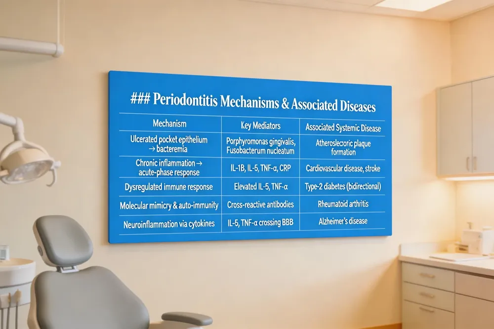 ### Periodontitis Mechanisms & Associated Diseases
| Mechanism | Key Mediators | Associated Systemic Disease |
|---|---|---|
| Ulcerated pocket epithelium → bacteremia | Porphyromonas gingivalis, Fusobacterium nucleatum | Atherosclerotic plaque formation |
| Chronic inflammation → acute‑phase response | IL‑1β, IL‑6, TNF‑α, CRP | Cardiovascular disease, stroke |
| Dysregulated immune response | Elevated IL‑6, TNF‑α | Type‑2 diabetes (bidirectional) |
| Molecular mimicry & auto‑immunity | Cross‑reactive antibodies | Rheumatoid arthritis |
| Neuroinflammation via cytokines | IL‑6, TNF‑α crossing BBB | Alzheimer’s disease |
| 