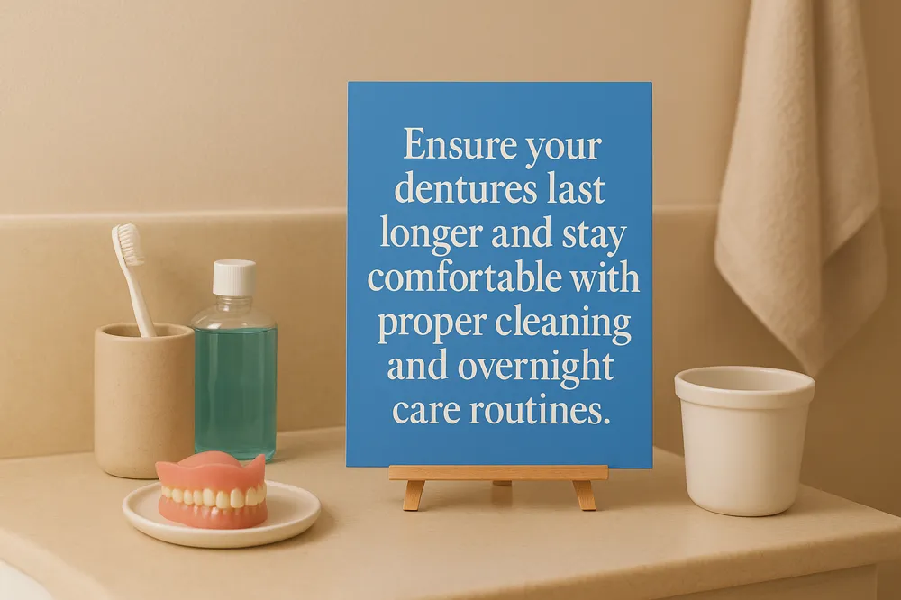 Ensure your dentures last longer and stay comfortable with proper cleaning and overnight care routines.