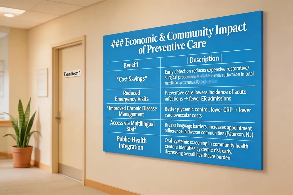 ### Economic & Community Impact of Preventive Care
| Benefit | Description |
|---|---|
| Cost Savings | Early detection reduces expensive restorative/surgical procedures; 4.42 % annual reduction in total medical expenses (Cigna 2024) |
| Reduced Emergency Visits | Preventive care lowers incidence of acute infections → fewer ER admissions |
| Improved Chronic Disease Management | Better glycemic control, lower CRP → lower cardiovascular costs |
| Access via Multilingual Staff | Breaks language barriers, increases appointment adherence in diverse communities (Paterson, NJ) |
| Public‑Health Integration | Oral‑systemic screening in community health centers identifies systemic risk early, decreasing overall healthcare burden |
| 