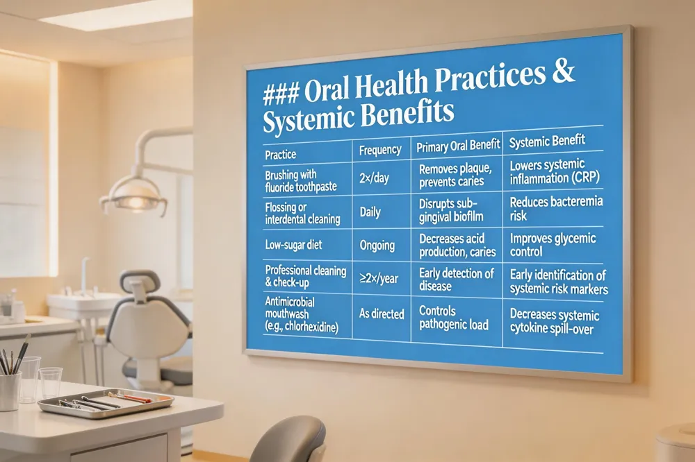 ### Oral Health Practices & Systemic Benefits
| Practice | Frequency | Primary Oral Benefit | Systemic Benefit |
|---|---|---|---|
| Brushing with fluoride toothpaste | 2×/day | Removes plaque, prevents caries | Lowers systemic inflammation (CRP) |
| Flossing or interdental cleaning | Daily | Disrupts sub‑gingival biofilm | Reduces bacteremia risk |
| Low‑sugar diet | Ongoing | Decreases acid production, caries | Improves glycemic control |
| Professional cleaning & check‑up | ≥2×/year | Early detection of disease | Early identification of systemic risk markers |
| Antimicrobial mouthwash (e.g., chlorhexidine) | As directed | Controls pathogenic load | Decreases systemic cytokine spill‑over |
| 