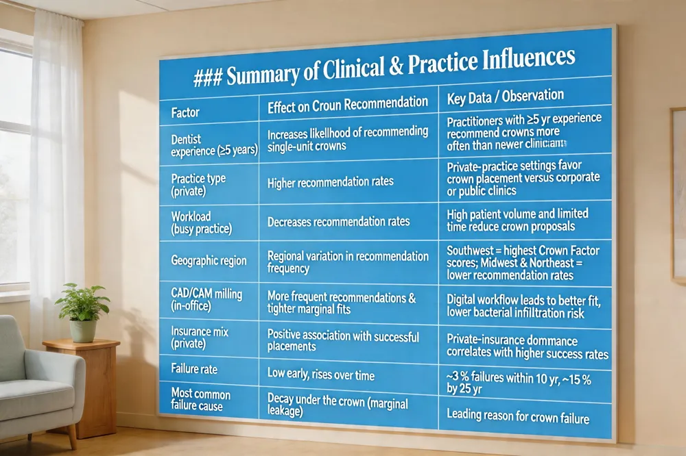 ### Summary of Clinical & Practice Influences
| Factor | Effect on Crown Recommendation | Key Data / Observation |
|---|---|---|
| Dentist experience (≥5 years) | Increases likelihood of recommending single‑unit crowns | Practitioners with ≥5 yr experience recommend crowns more often than newer clinicians |
| Practice type (private) | Higher recommendation rates | Private‑practice settings favor crown placement versus corporate or public clinics |
| Workload (busy practice) | Decreases recommendation rates | High patient volume and limited time reduce crown proposals |
| Geographic region | Regional variation in recommendation frequency | Southwest = highest Crown Factor scores; Midwest & Northeast = lower recommendation rates |
| CAD/CAM milling (in‑office) | More frequent recommendations & tighter marginal fits | Digital workflow leads to better fit, lower bacterial infiltration risk |
| Insurance mix (private) | Positive association with successful placements | Private‑insurance dominance correlates with higher success rates |
| Failure rate | Low early, rises over time | ~3 % failures within 10 yr; ~15 % by 25 yr |
| Most common failure cause | Decay under the crown (marginal leakage) | Leading reason for crown failure |
| 