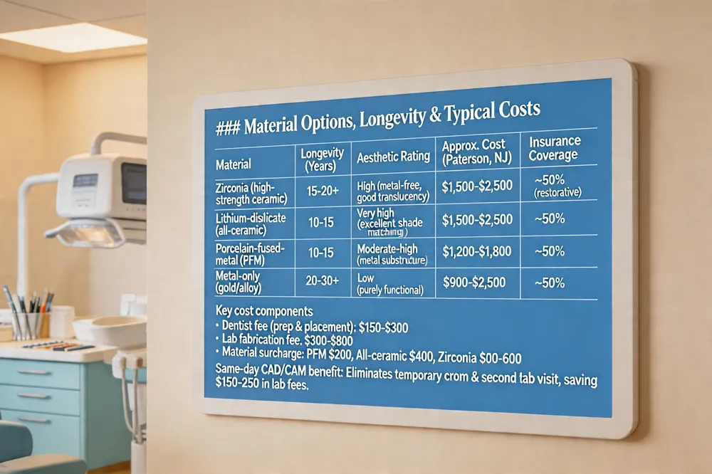 ### Material Options, Longevity & Typical Costs
| Material | Typical Longevity (years) | Aesthetic Rating | Approx. Cost (Paterson, NJ) | Insurance Coverage |
|---|---|---|---|---|
| Zirconia (high‑strength ceramic) | 15‑20+ | High (metal‑free, good translucency) | $1,500‑$2,500 | ~50 % (restorative) |
| Lithium‑disilicate (all‑ceramic) | 10‑15 | Very high (excellent shade matching) | $1,500‑$2,500 | ~50 % |
| Porcelain‑fused‑metal (PFM) | 10‑15 | Moderate‑high (metal substructure) | $1,200‑$1,800 | ~50 % |
| Metal‑only (gold/alloy) | 20‑30+ | Low (purely functional) | $900‑$2,500 | ~50 % |
Key cost components
- Dentist fee (prep & placement): $150‑$300
- Lab fabrication fee: $300‑$800
- Material surcharge: PFM $200, All‑ceramic $400, Zirconia $500‑$600
Same‑day CAD/CAM benefit: Eliminates temporary crown & second lab visit, saving $150‑$250 in lab fees. 