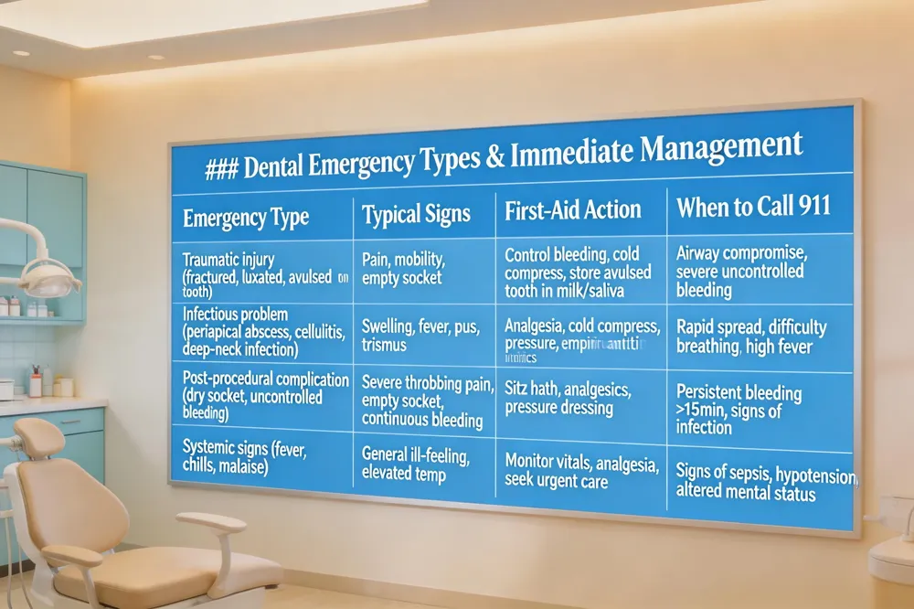 ### Dental Emergency Types & Immediate Management
| Emergency Type | Typical Signs | First‑Aid Action | When to Call 911 |
|---|---|---|---|
| Traumatic injury (fractured, luxated, avulsed tooth) | Pain, mobility, empty socket | Control bleeding, cold compress, store avulsed tooth in milk/saliva | Airway compromise, severe uncontrolled bleeding |
| Infectious problem (periapical abscess, cellulitis, deep‑neck infection) | Swelling, fever, pus, trismus | Analgesia, cold compress, pressure, empiric antibiotics | Rapid spread, difficulty breathing, high fever |
| Post‑procedural complication (dry socket, uncontrolled bleeding) | Severe throbbing pain, empty socket, continuous bleeding | Sitz bath, analgesics, pressure dressing | Persistent bleeding >15 min, signs of infection |
| Systemic signs (fever, chills, malaise) | General ill‑feeling, elevated temp | Monitor vitals, analgesia, seek urgent care | Signs of sepsis, hypotension, altered mental status |
| 