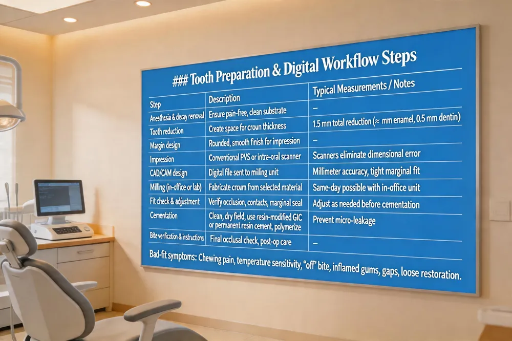 ### Tooth Preparation & Digital Workflow Steps
| Step | Description | Typical Measurements / Notes |
|---|---|---|
| Anesthesia & decay removal | Ensure pain‑free, clean substrate | — |
| Tooth reduction | Create space for crown thickness | 1.5 mm total reduction (≈1 mm enamel, 0.5 mm dentin) |
| Margin design | Rounded, smooth finish for impression | – |
| Impression | Conventional PVS or intra‑oral scanner | Scanners eliminate dimensional error |
| CAD/CAM design | Digital file sent to milling unit | Millimeter accuracy, tight marginal fit |
| Milling (in‑office or lab) | Fabricate crown from selected material | Same‑day possible with in‑office unit |
| Fit check & adjustment | Verify occlusion, contacts, marginal seal | Adjust as needed before cementation |
| Cementation | Clean, dry field; use resin‑modified GIC or permanent resin cement; polymerize | Prevent micro‑leakage |
| Bite verification & instructions | Final occlusal check; post‑op care | — |
Bad‑fit symptoms: Chewing pain, temperature sensitivity, “off” bite, inflamed gums, gaps, loose restoration. 
