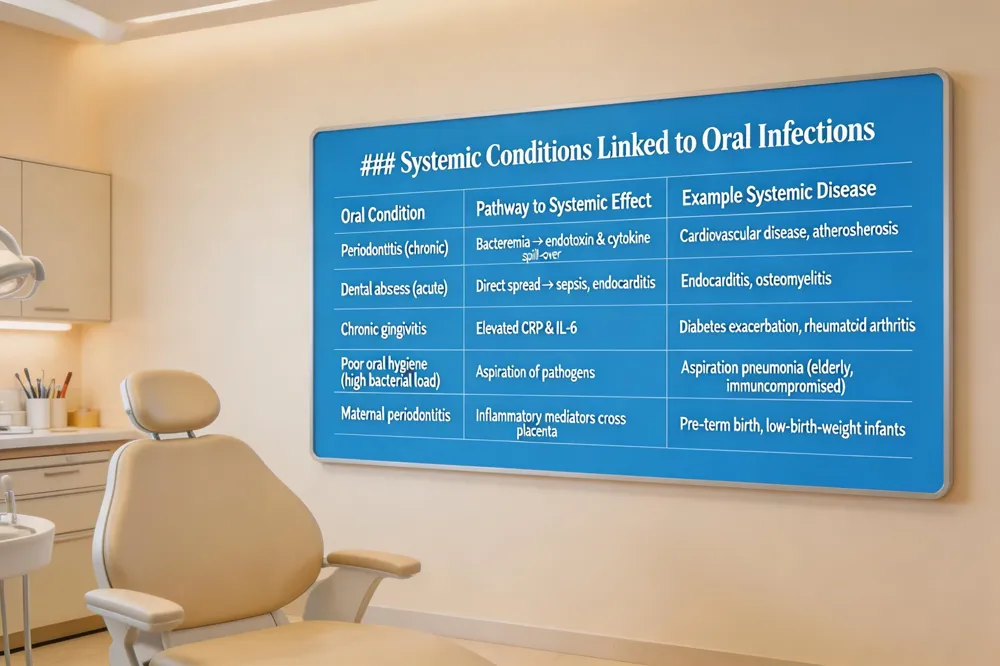### Systemic Conditions Linked to Oral Infections
| Oral Condition | Pathway to Systemic Effect | Example Systemic Disease |
|---|---|---|
| Periodontitis (chronic) | Bacteremia → endotoxin & cytokine spill‑over | Cardiovascular disease, atherosclerosis |
| Dental abscess (acute) | Direct spread → sepsis, endocarditis | Endocarditis, osteomyelitis |
| Chronic gingivitis | Elevated CRP & IL‑6 | Diabetes exacerbation, rheumatoid arthritis |
| Poor oral hygiene (high bacterial load) | Aspiration of pathogens | Aspiration pneumonia (elderly, immunocompromised) |
| Maternal periodontitis | Inflammatory mediators cross placenta | Pre‑term birth, low‑birth‑weight infants |
| 