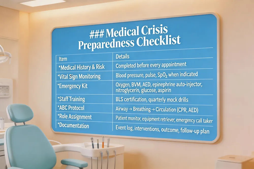 ### Medical Crisis Preparedness Checklist
| Item | Details |
|---|---|
| Medical History & Risk Questionnaire | Completed before every appointment |
| Vital Sign Monitoring | Blood pressure, pulse, SpO₂ when indicated |
| Emergency Kit | Oxygen, BVM, AED, epinephrine auto‑injector, nitroglycerin, glucose, aspirin |
| Staff Training | BLS certification, quarterly mock drills |
| ABC Protocol | Airway → Breathing → Circulation (CPR, AED) |
| Role Assignment | Patient monitor, equipment retriever, emergency call taker |
| Documentation | Event log, interventions, outcome, follow‑up plan |
| 
