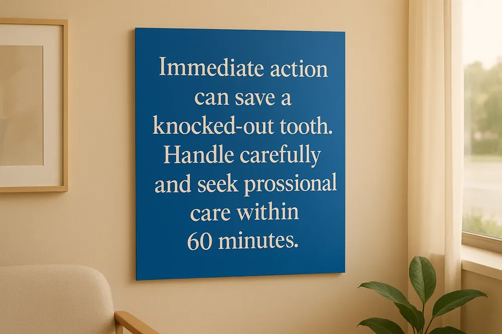 Immediate action can save a knocked-out tooth. Handle carefully and seek professional care within 60 minutes.