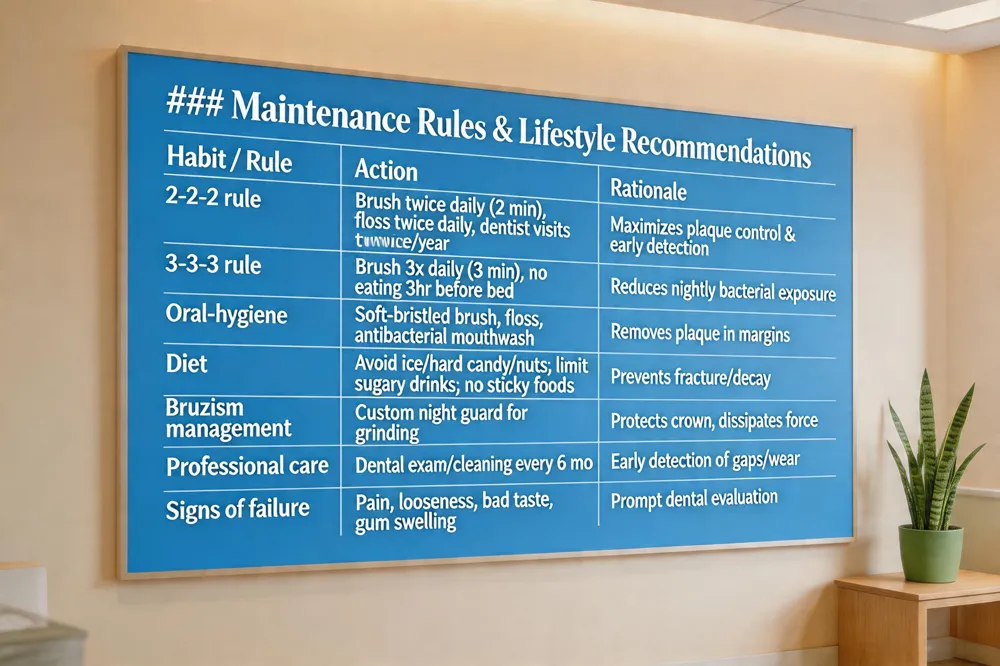### Maintenance Rules & Lifestyle Recommendations
| Habit / Rule | Action | Rationale |
|---|---|---|
| 2‑2‑2 rule | Brush twice daily (2 min), floss/interdental clean twice daily, dentist visit twice a year | Maximizes plaque control & early issue detection |
| 3‑3‑3 rule | Brush three times daily (3 min), avoid eating/drinking for 3 hr before bedtime | Reduces nightly bacterial exposure |
| Oral‑hygiene | Soft‑bristled brush, floss, antibacterial mouthwash | Removes plaque that can infiltrate margins |
| Diet | Avoid ice, hard candy, pens, nuts; limit sugary/acidic drinks; avoid sticky foods | Prevents cement stress, fracture, and decay |
| Bruxism management | Custom night guard if grinding/clenching | Dissipates excess forces, protects crown |
| Professional care | Dental exam & cleaning at least twice a year (ideally every 6 mo) | Early detection of marginal gaps, recession, wear |
| Signs of failure | Pain, looseness, food trapping, bad taste, gum swelling | Prompt professional evaluation needed |
| 