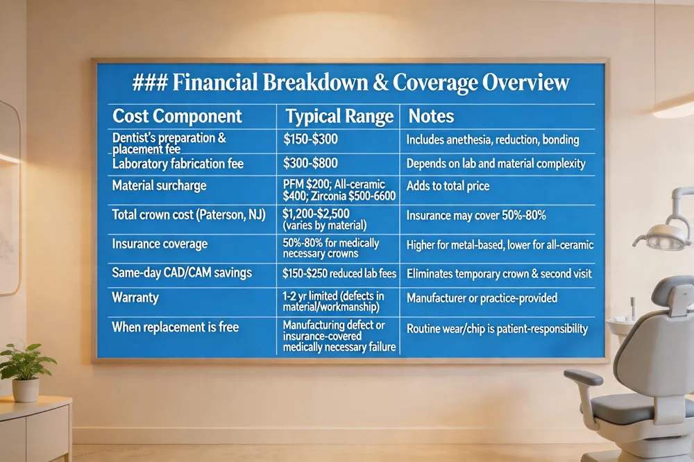 ### Financial Breakdown & Coverage Overview
| Cost Component | Typical Range | Notes |
|---|---|---|
| Dentist’s preparation & placement fee | $150‑$300 | Includes anesthesia, reduction, bonding |
| Laboratory fabrication fee | $300‑$800 | Depends on lab and material complexity |
| Material surcharge | PFM $200; All‑ceramic $400; Zirconia $500‑$600 | Adds to total price |
| Total crown cost (Paterson, NJ) | $1,200‑$2,500 (varies by material) | Insurance may cover 50 %‑80 % |
| Insurance coverage | 50 %‑80 % for medically necessary crowns | Higher for metal‑based, lower for all‑ceramic |
| Same‑day CAD/CAM savings | $150‑$250 reduced lab fees | Eliminates temporary crown & second visit |
| Warranty | 1‑2 yr limited (defects in material/workmanship) | Manufacturer or practice‑provided |
| When replacement is free | Manufacturing defect or insurance‑covered medically necessary failure | Routine wear/chip is patient‑responsibility |
| 