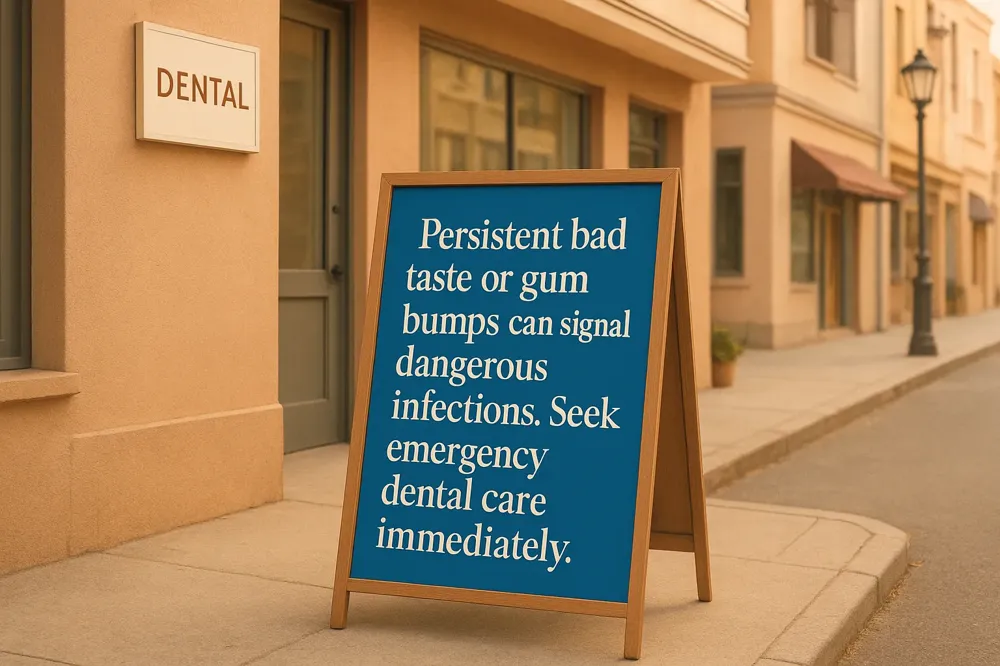 Persistent bad taste or gum bumps can signal dangerous infections. Seek emergency dental care immediately.