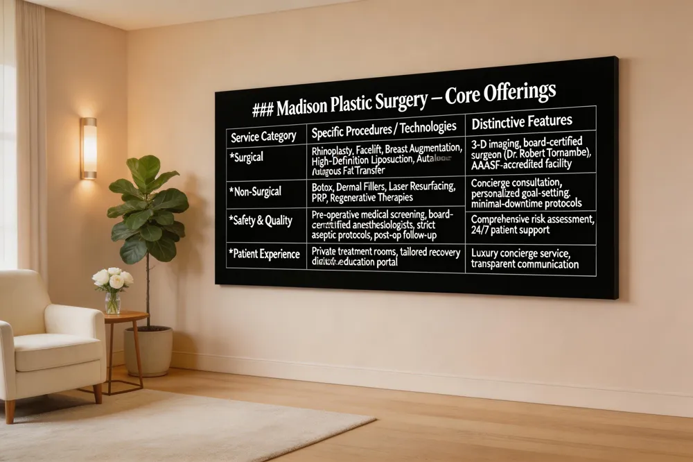 ### Madison Plastic Surgery – Core Offerings
| Service Category | Specific Procedures / Technologies | Distinctive Features |
|---|---|---|
| Surgical | Rhinoplasty, Facelift, Breast Augmentation, High‑Definition Liposuction, Autologous Fat Transfer | 3‑D imaging, board‑certified surgeon (Dr. Robert Tornambe), AAAASF‑accredited facility |
| Non‑Surgical | Botox, Dermal Fillers, Laser Resurfacing, PRP, Regenerative Therapies | Concierge consultation, personalized goal‑setting, minimal‑downtime protocols |
| Safety & Quality | Pre‑operative medical screening, board‑certified anesthesiologists, strict aseptic protocols, post‑op follow‑up | Comprehensive risk assessment, 24/7 patient support |
| Patient Experience | Private treatment rooms, tailored recovery plans, digital post‑op education portal | Luxury concierge service, transparent communication |
| 