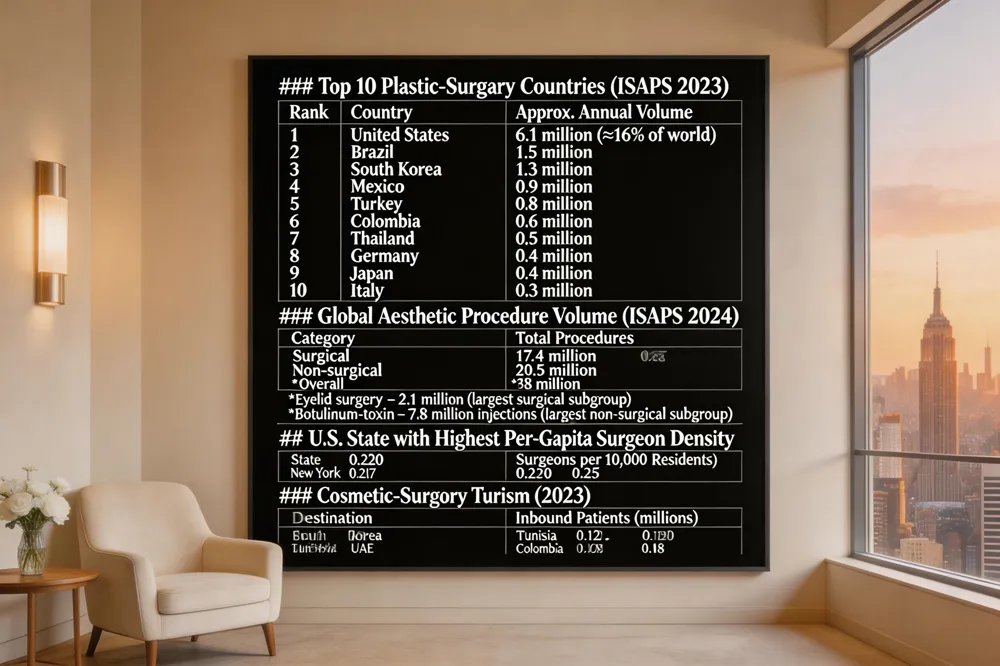 ### Top 10 Plastic‑Surgery Countries (ISAPS 2023)
| Rank | Country | Approx. Annual Procedural Volume |
|---|---|---|
| 1 | United States | 6.1 million (≈ 16% of world) |
| 2 | Brazil | 1.5 million |
| 3 | South Korea | 1.3 million |
| 4 | Mexico | 0.9 million |
| 5 | Turkey | 0.8 million |
| 6 | Colombia | 0.6 million |
| 7 | Thailand | 0.5 million |
| 8 | Germany | 0.4 million |
| 9 | Japan | 0.4 million |
| 10 | Italy | 0.3 million |
Global Aesthetic Procedure Volume (ISAPS 2024)
| Category | Total Procedures |
|---|---|
| Surgical | 17.4 million |
| Non‑surgical | 20.5 million |
| Overall | 38 million |
Eyelid surgery – 2.1 million (largest surgical subgroup) Botulinum‑toxin – 7.8 million injections (largest non‑surgical subgroup)
U.S. State with Highest Per‑Capita Surgeon Density
| State | Surgeons per 10 000 Residents |
|---|---|
| Florida | 0.220 |
| New York | 0.217 |
Cosmetic‑Surgery Tourism (2023)
| Destination | Inbound Patients (millions) |
|---|---|
| Brazil | 0.35 |
| Turkey | 0.30 |
| South Korea | 0.25 |
| Tunisia | 0.12 (high foreign‑patient share) |
| UAE | 0.10 (high foreign‑patient share) |
| Colombia | 0.08 (high foreign‑patient share) |
| 