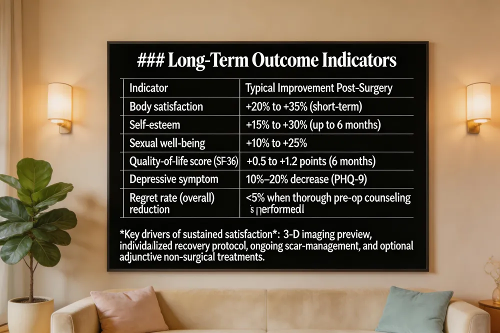 ### Long‑Term Outcome Indicators
| Indicator | Typical Improvement Post‑Surgery |
|---|---|
| Body satisfaction | +20 % to +35 % (short‑term) |
| Self‑esteem | +15 % to +30 % (up to 6 months) |
| Sexual well‑being | +10 % to +25 % |
| Quality‑of‑life score (SF‑36) | +0.5 to +1.2 points (6 months) |
| Depressive symptom reduction | 10 %–20 % decrease (PHQ‑9) |
| Regret rate (overall) | < 5 % when thorough pre‑op counseling is performed |
Key drivers of sustained satisfaction: 3‑D imaging preview, individualized recovery protocol, ongoing scar‑management, and optional adjunctive non‑surgical treatments. 